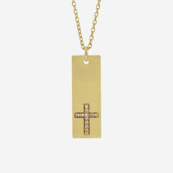 Front view of yellow gold Vertical Bar Cross Christian Necklace for women