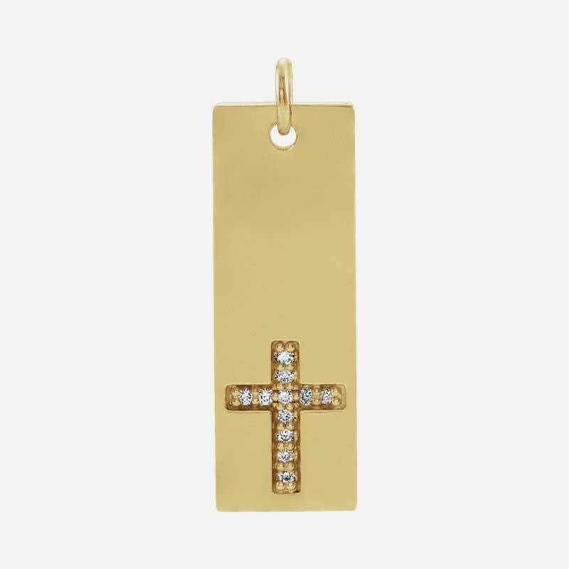 Front view of yellow gold Vertical Bar Cross Christian Pendant for women
