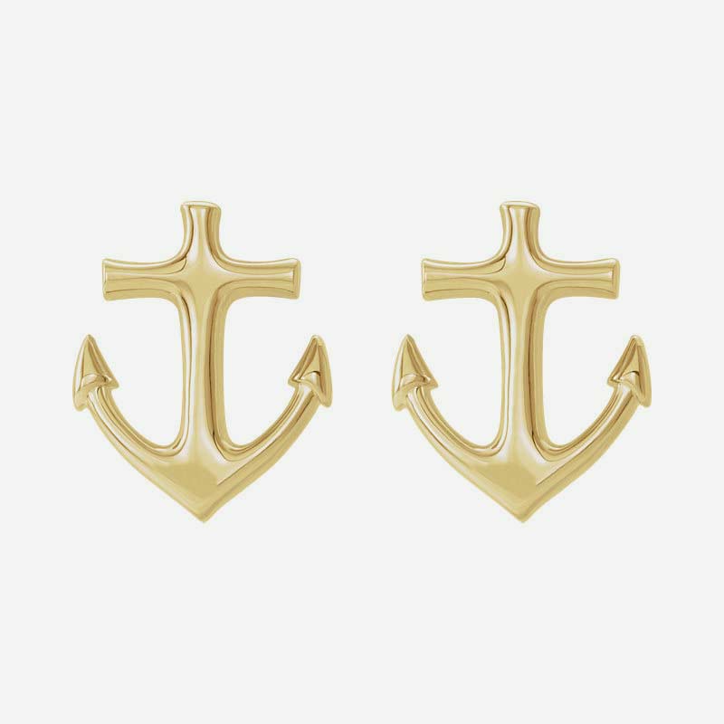Front view of yellow gold Anchor Christian earrings for women