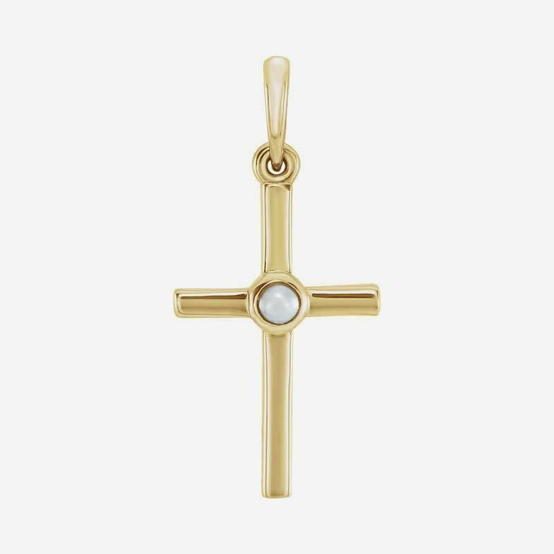 Front view of yellow gold Pearl Cross Christian necklace for women