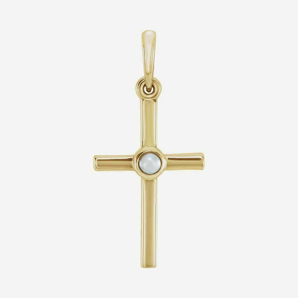 Front view of yellow gold Pearl Cross Christian necklace for women