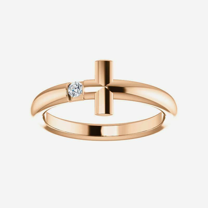 Front view of rose gold Solitaire Sideways Cross Christian Ring For Women