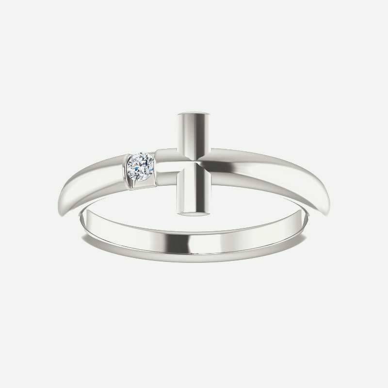 Front view of sterling silver Solitaire Sideways Cross Christian Ring For Women