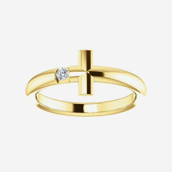 Front view of yellow gold Solitaire Sideways Cross Christian Ring For Women