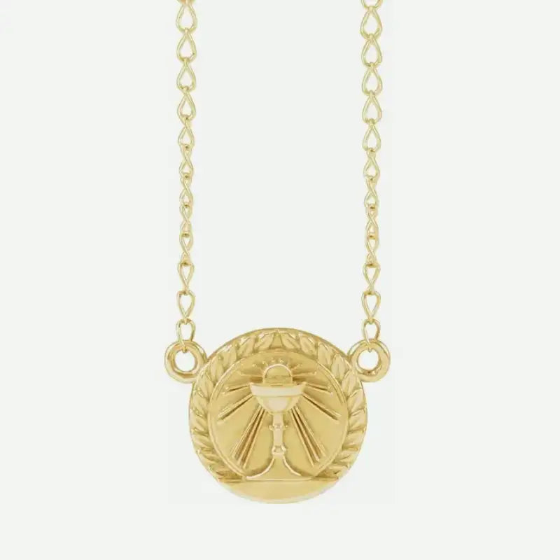 Front View of SAINTLY Yellow Gold Christian Necklace From Glor-e