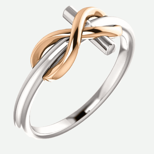 Infinity Cross White and Rose Gold Christian Ring From Glor-e Oblique View
