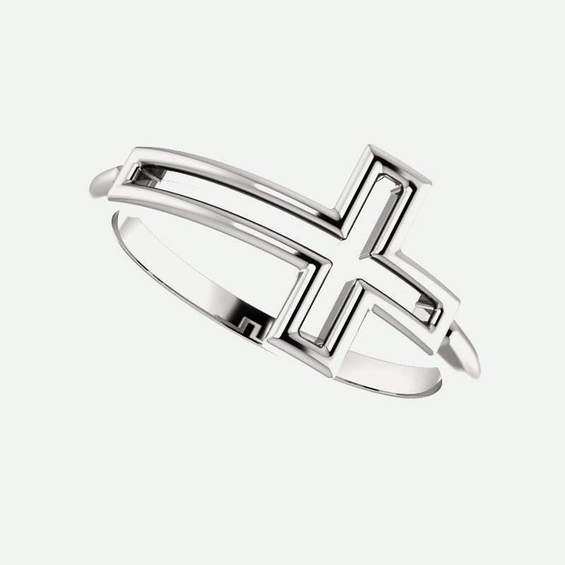 Leaning view of white gold Cross Frame Christian Ring For Women