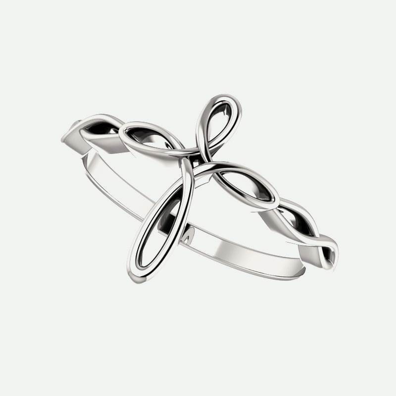 Leaning view of white gold Knotted Cross Christian Ring For Women
