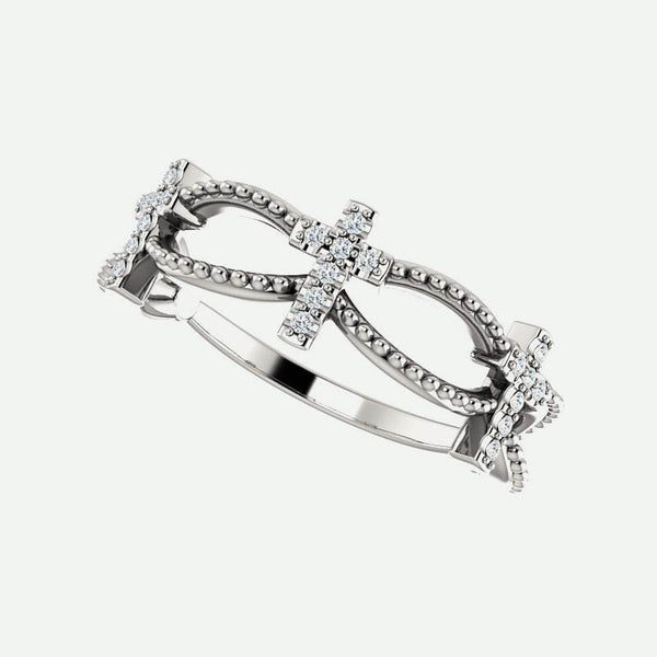 Leaning view of white gold Diamond Stackable Cross Christian Ring For Women