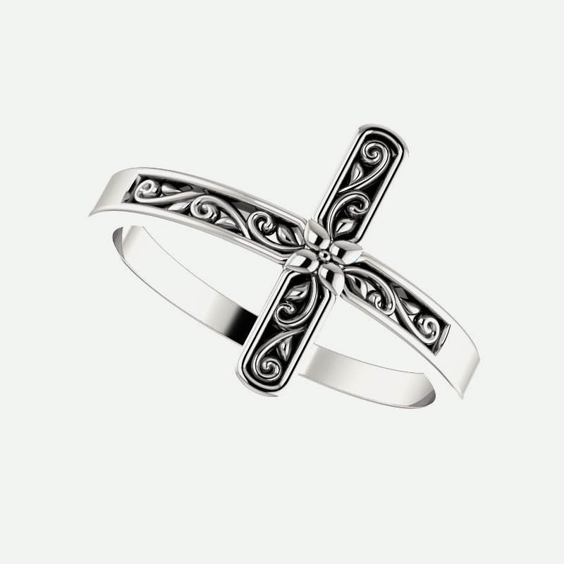 Leaning view of white gold Sideways Floral Cross Christian Ring For Women