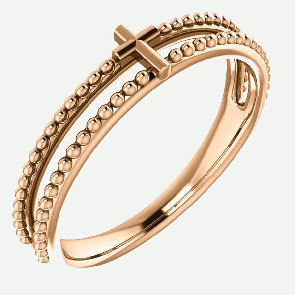 Front view of 14K Rose Gold Milgrain Cross Christian Ring For Women | Glor-e