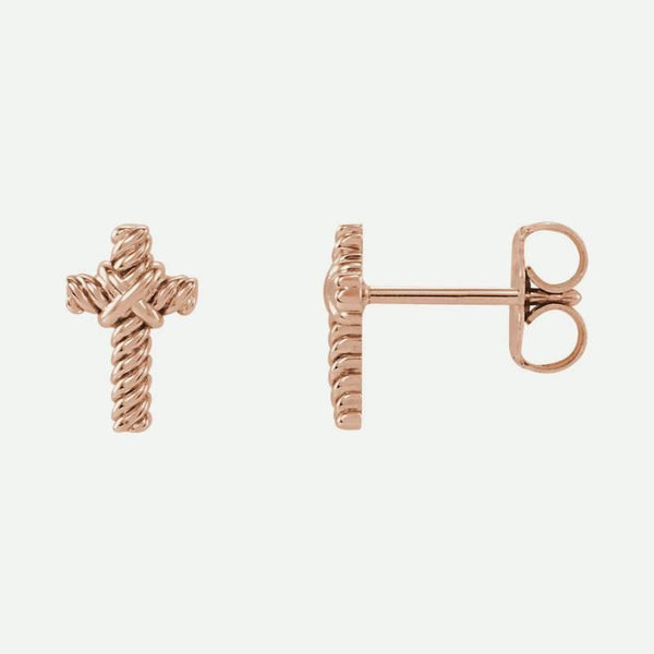 Front And Side Views Of Rope Cross Rose Gold Christian Earrings For Women From Glor-e