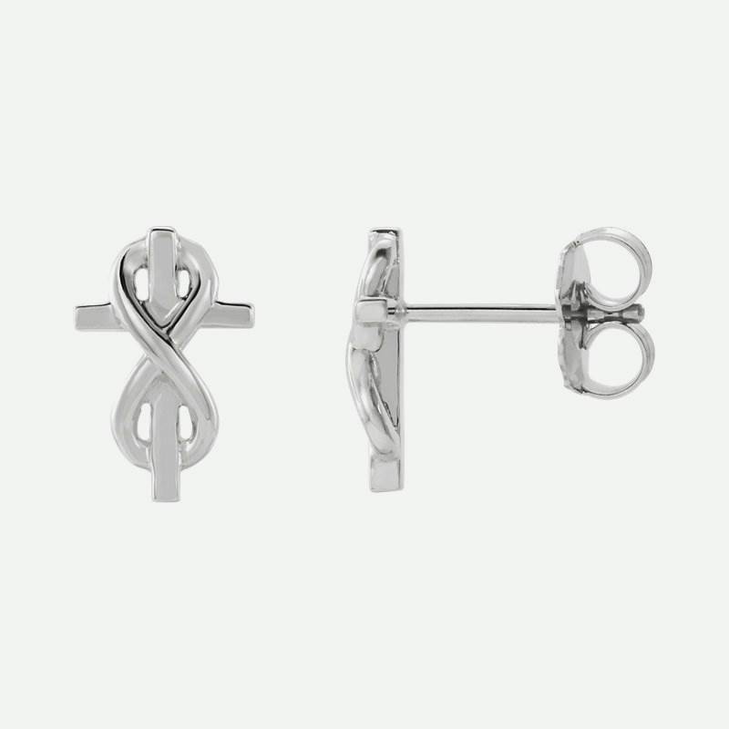Mixed view of white gold Infinity-Inspired Cross Christian Earrings