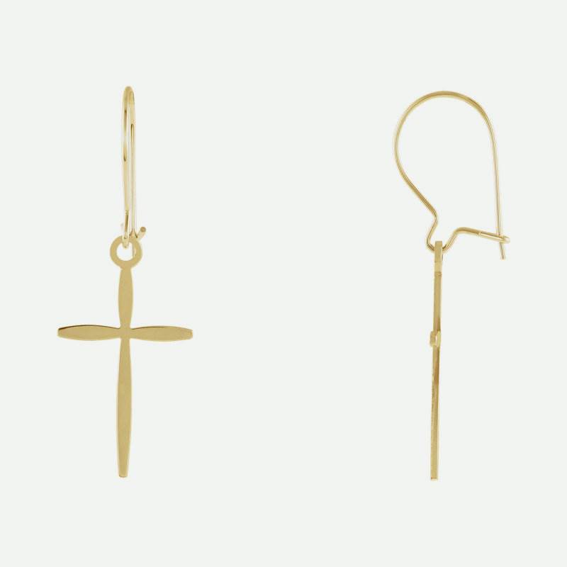Mixed view of yellow gold Unique Cross Christian Earrings