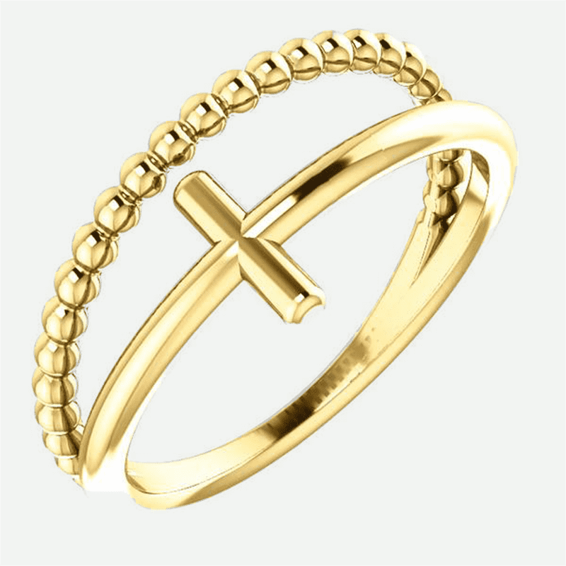 Negative space beaded cross yellow gold christian ring for women from Glor-e oblique view