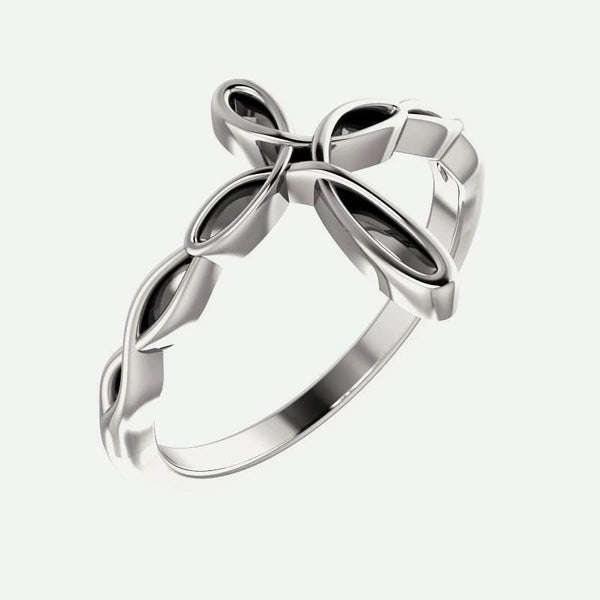 Oblique view of white gold Knotted Cross Christian Ring For Women