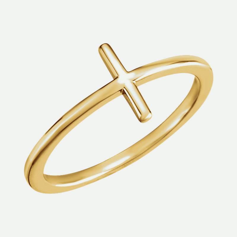 Oblique view of yellow gold Sideways Cross Christian Ring For Women
