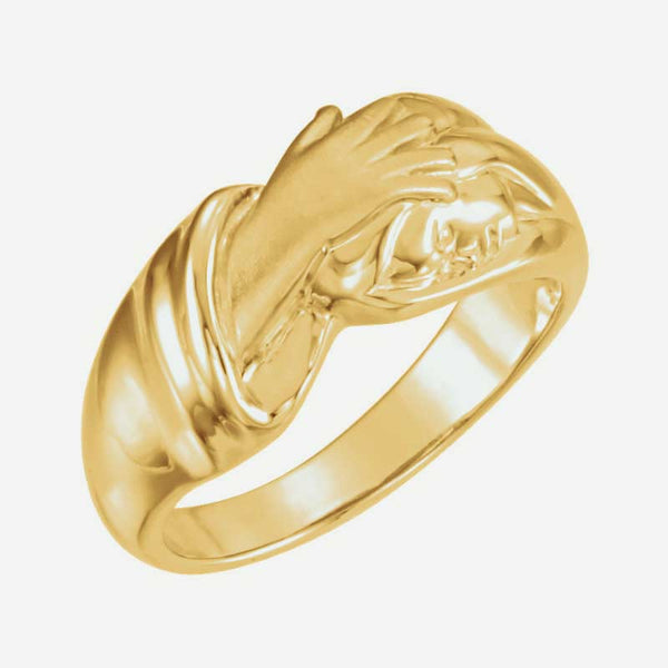 Oblique view of yellow gold Hand of Christ Christian ring