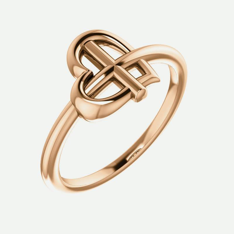 Oblique view of rose gold Crossed Heart Christian Ring For Women