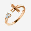 Oblique view of rose gold Negative Space Cross Christian ring for women