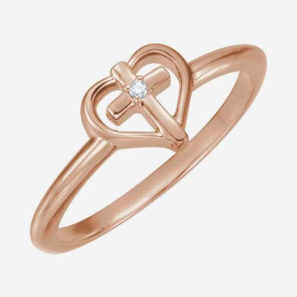 Oblique view of rose gold Solitaire Cross with Heart Christian Ring For Women
