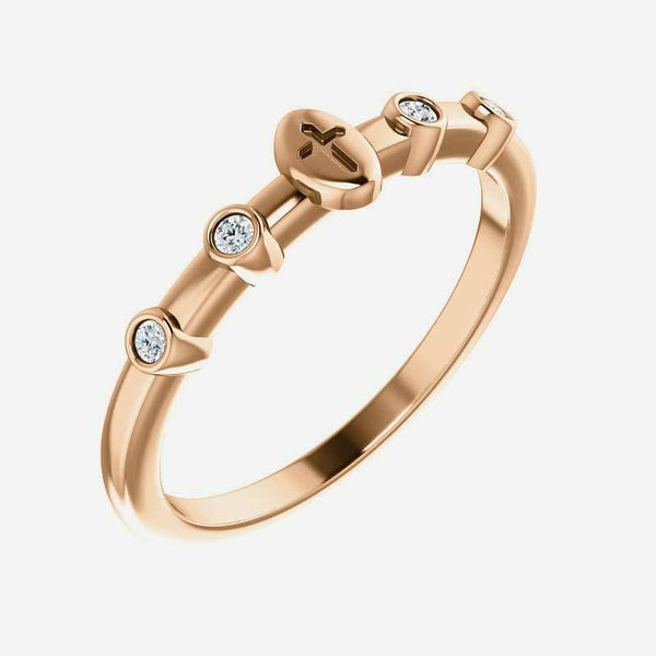 Oblique view of rose gold .05 CTW Diamond Stackable Cross Christian Ring for women