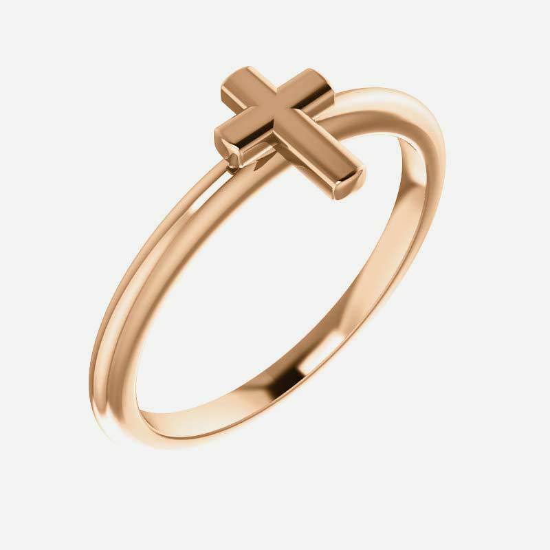 Oblique view of rose gold Stackable Cross Christian Ring for women