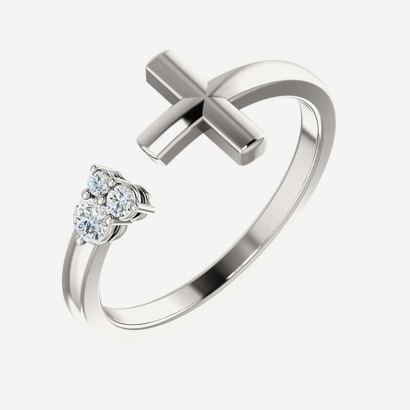 Oblique view of sterling silver Negative Space Cross Christian ring for women