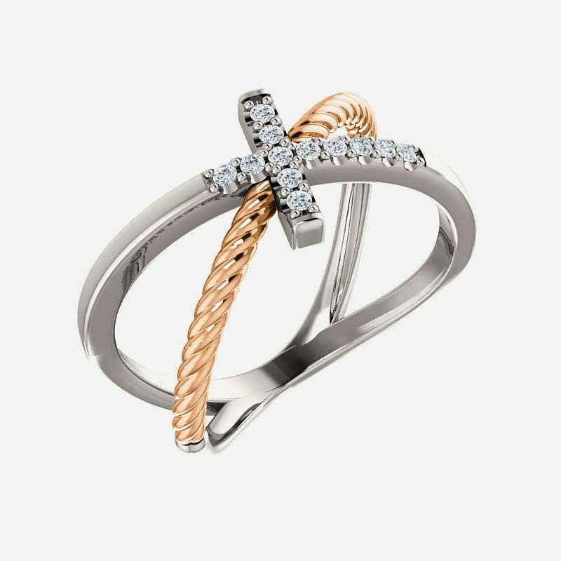 Oblique view of white and rose gold diamond cross rope Christian ring for women