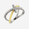 Oblique view of white and yellow gold diamond cross rope Christian ring for women