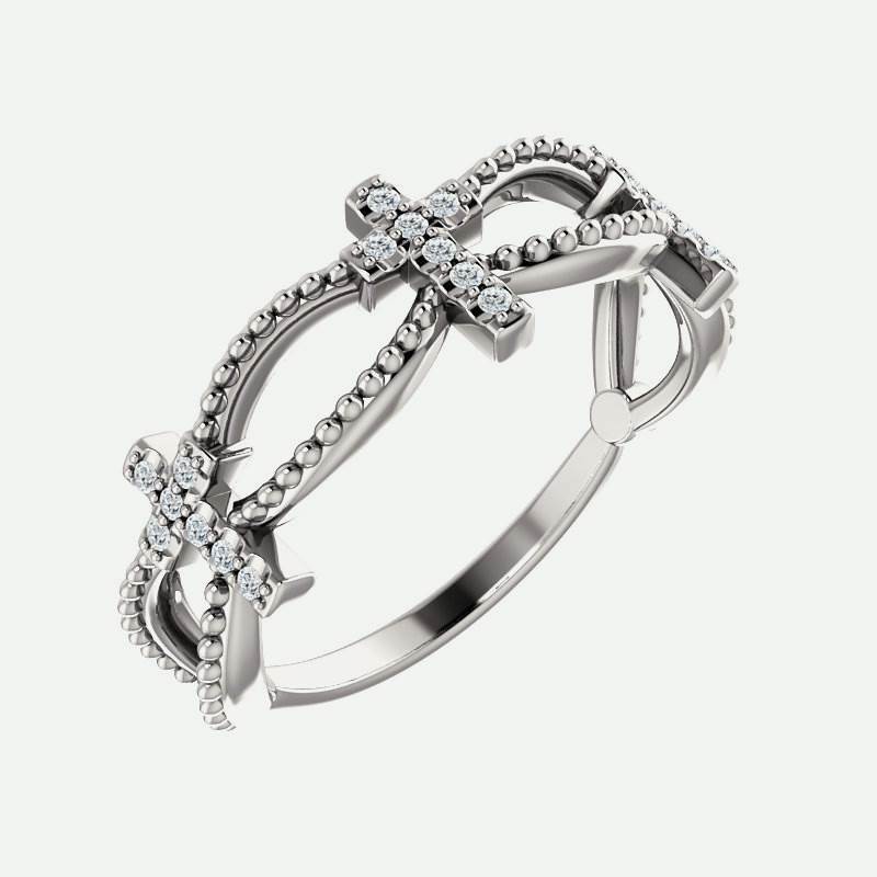 Oblique view of white gold Diamond Stackable Cross Christian Ring For Women
