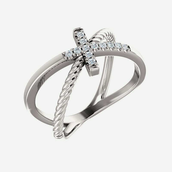 Oblique view of white gold diamond cross rope Christian ring for women