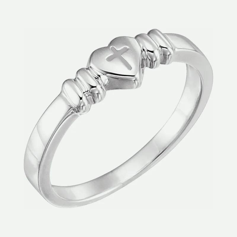 Oblique view of white gold HEART AND CROSS Christian Ring for women