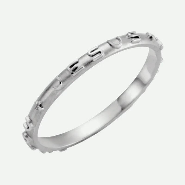 Oblique view of white gold JESUS I TRUST IN YOU Christian ring for women