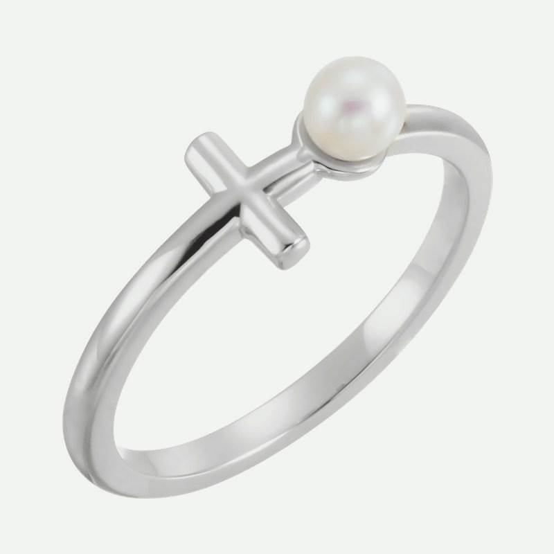 Oblique view of white gold Sideways Cross Pearl Christian Ring For Women
