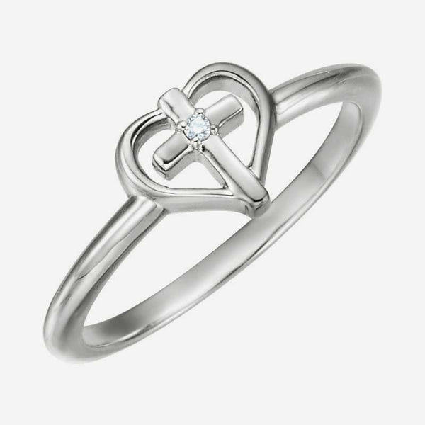 Oblique view of white gold Solitaire Cross with Heart Christian Ring For Women