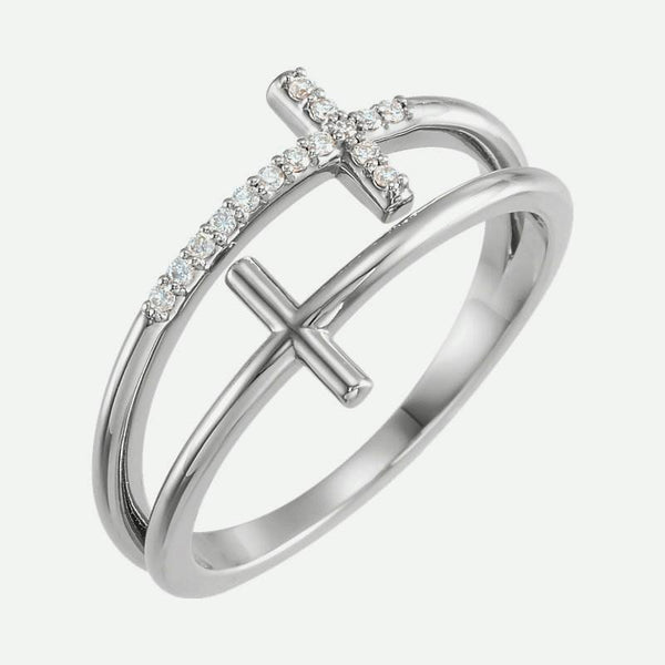 Oblique view of white gold Twin Sideways Crosses Christian Ring For Women