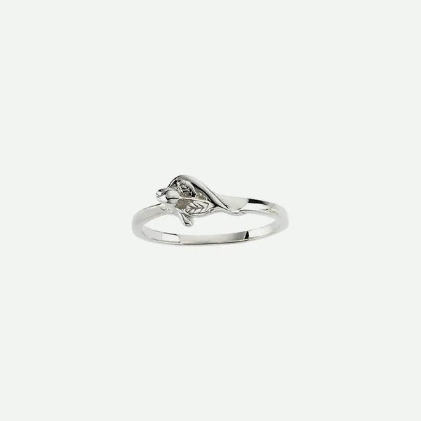 Front view of white gold UNBLOSSOMED ROSE Christian ring for women