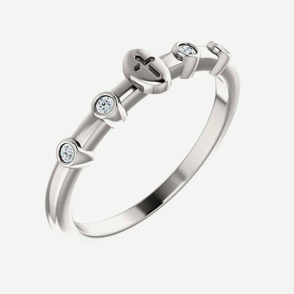 Oblique view of white gold .05 CTW Diamond Stackable Cross Christian Ring for women
