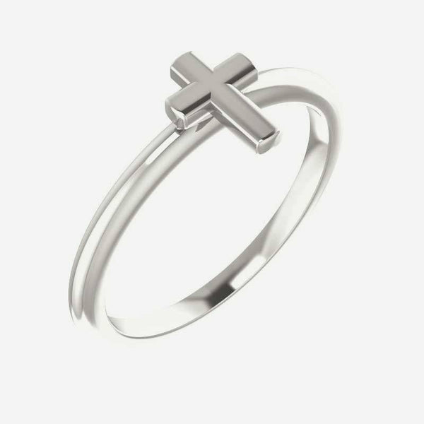 Oblique view of white gold Stackable Cross Christian Ring for women