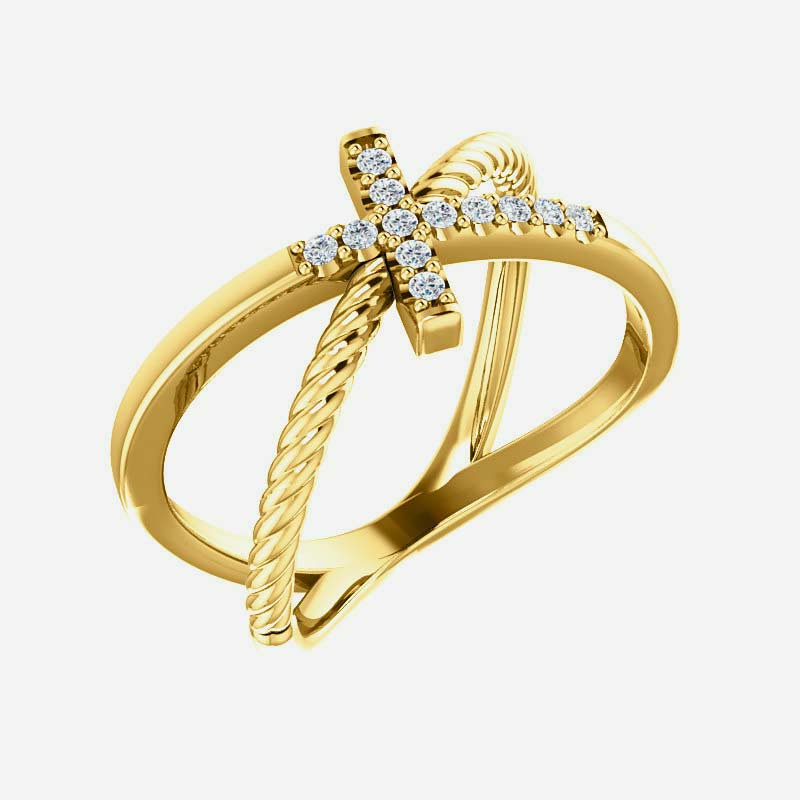 Oblique view of yellow gold diamond cross rope Christian ring for women