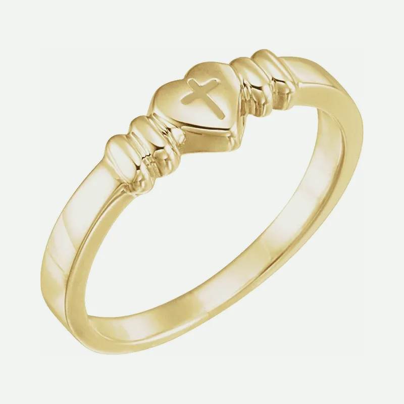 Oblique view of yellow gold HEART AND CROSS Christian Ring for women