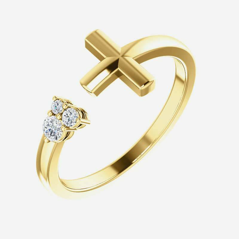 Oblique view of yellow gold Negative Space Cross Christian ring for women