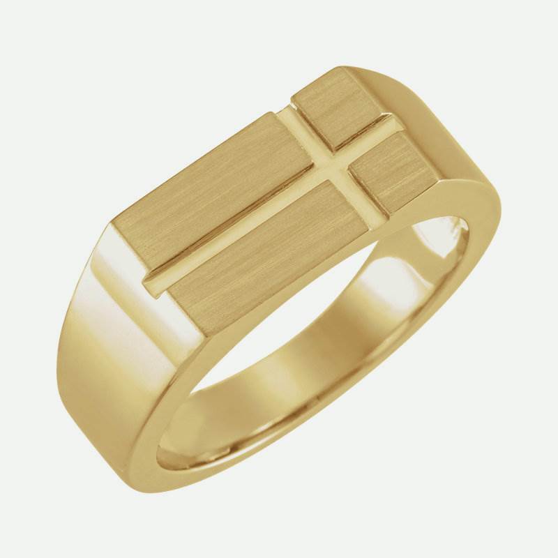 Oblique view of yellow gold Rectangle Cross Signet Christian Ring For Men