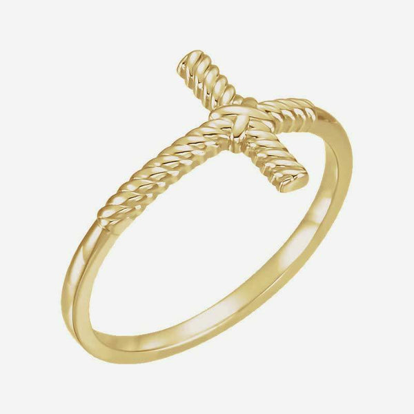 Oblique view of yellow gold Sideways Cross Rope Christian Ring For Women