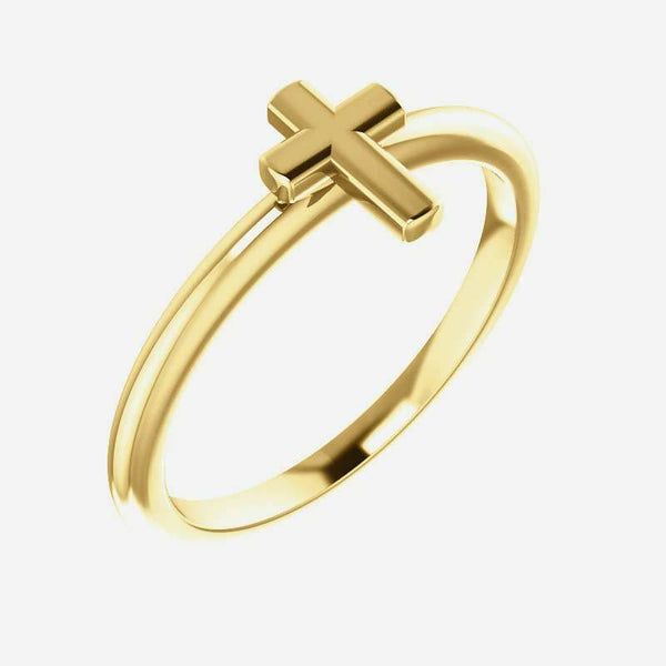 Oblique view of yellow gold Stackable Cross Christian Ring for women