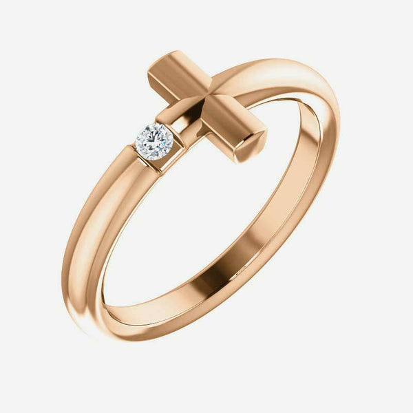 Oblique view of rose gold Solitaire Sideways Cross Christian Ring For Women