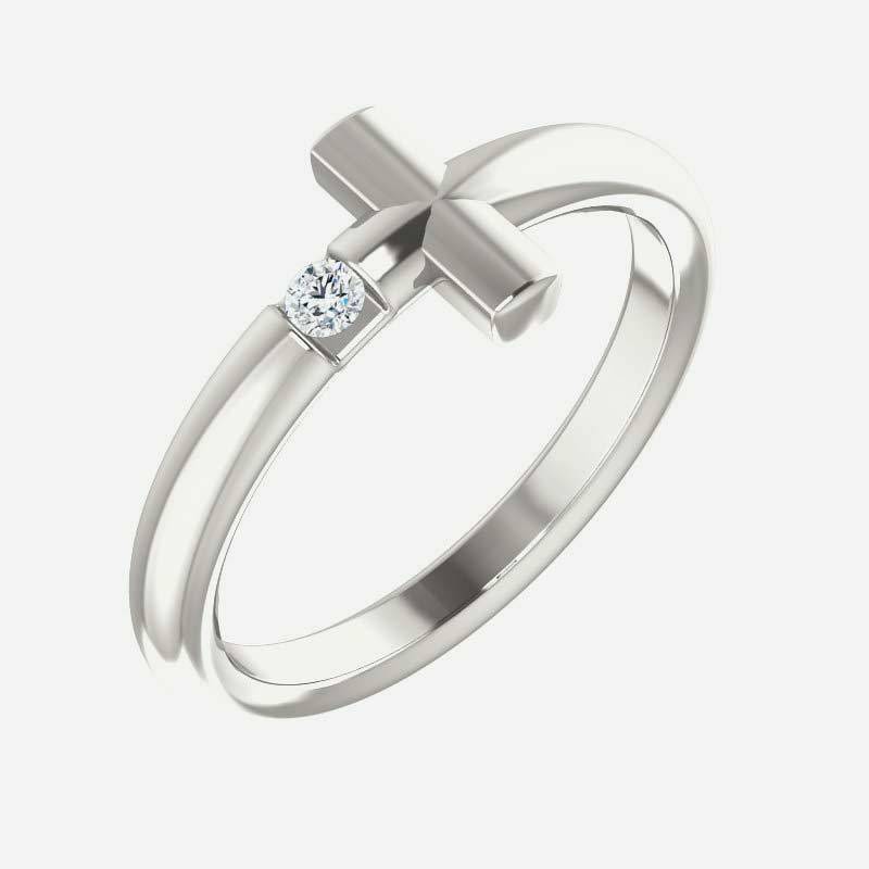 Oblique view of white gold Solitaire Sideways Cross Christian Ring For Women