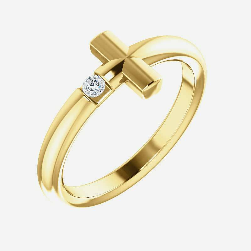 Oblique view of yellow gold Solitaire Sideways Cross Christian Ring For Women