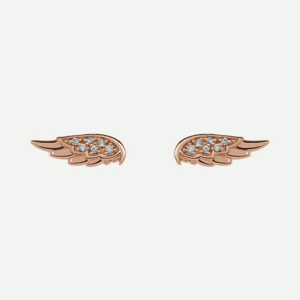 Pair view of rose gold angel wings Christian earrings for women